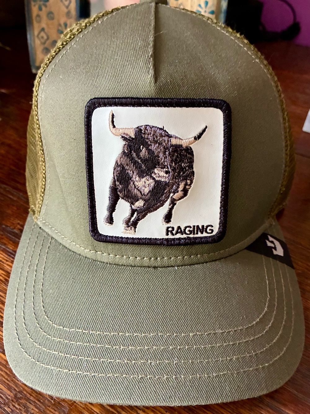 Goorin Bros Olive Green Raging Bull Patch Trucker Hat